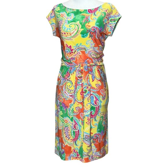 LAUREN RALPH LAUREN $169 Paisley Colorful Jersey Cap Sleeve Belted Dress Sz P XS - Picture 2 of 10